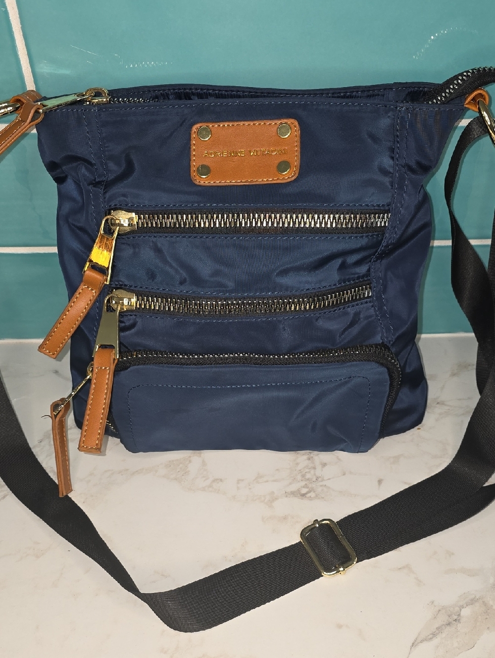 Adrienne Vittadini Navy Crossbody with Tan Leather Trim and Gold Hardware